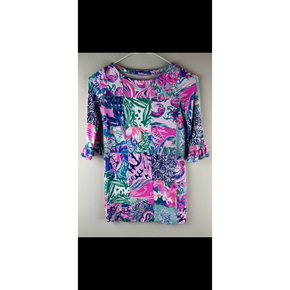 LILLY PULITZER girls Sophie large 10-12, 3/4 SLEEVE RUFFLE TRIM SHIFT DRESS